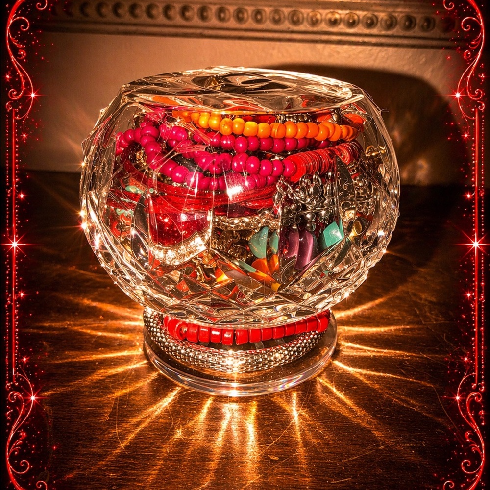 “Red, Red, Red” Mystery Crystal Bowl Filled with Colorful Jewelry